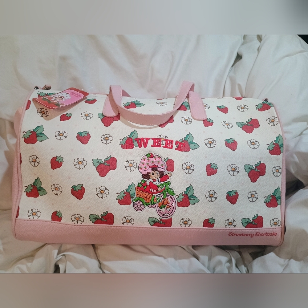 New Strawberry Shortcake Pink Strawberry Print Weekender Embroidered Duffel Bag